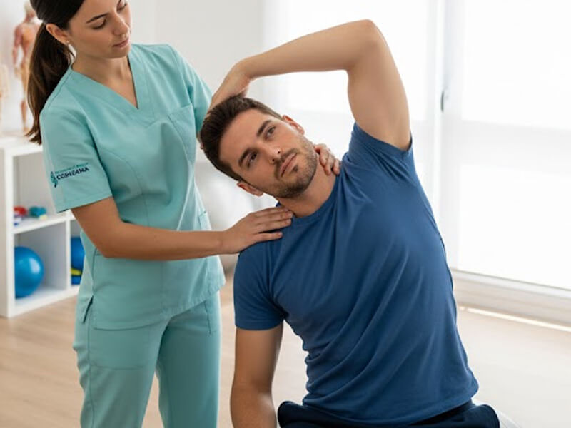 Paciente de Curasana Torrejón de Ardoz recibiendo tratamiento de fisioterapia cervical para aliviar molestias por teletrabajo