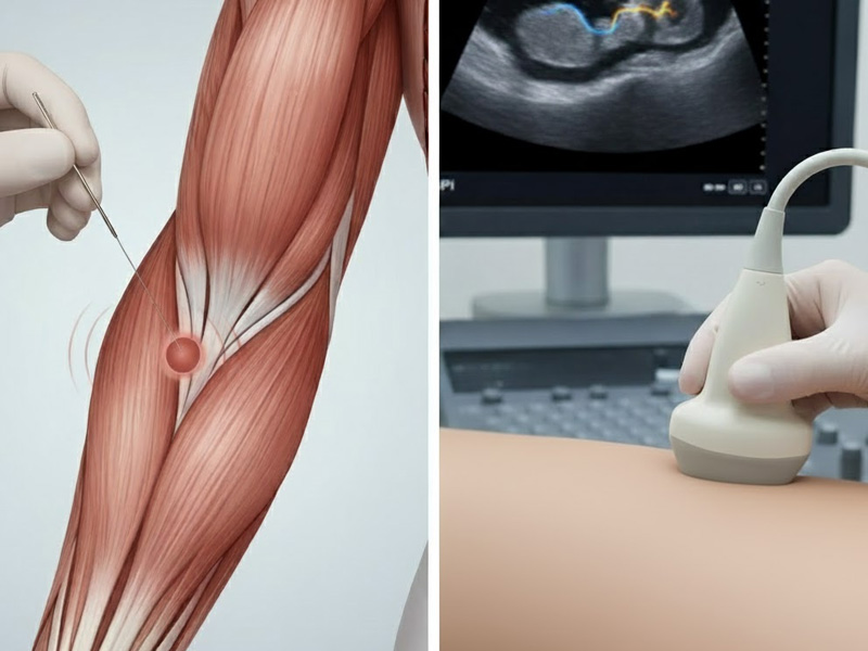 Comparación visual entre la punción seca aplicada en un punto gatillo muscular y la técnica de EPI guiada por ecografía en un tendón