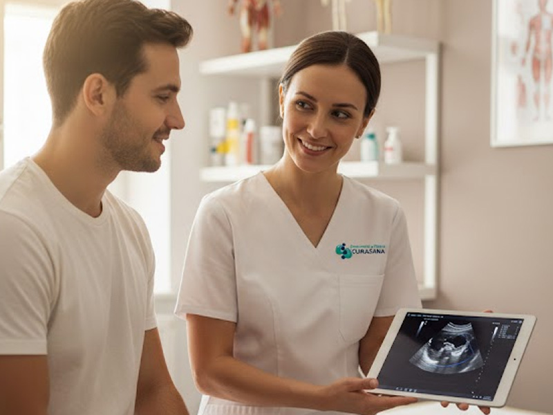 Fisioterapeuta de Curasana mostrando la evolución ecográfica al paciente durante su seguimiento en Torrejón de Ardoz