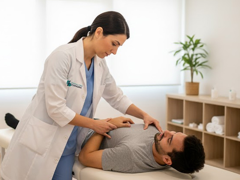 Fisioterapeuta tratando el hombro de un paciente en una clínica moderna y luminosa, representando la atención profesional de Curasana en Torrejón de Ardoz