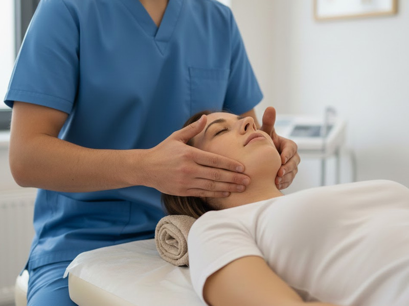 Fisioterapeuta de Curasana tratando la ATM con terapia manual en Torrejón de Ardoz